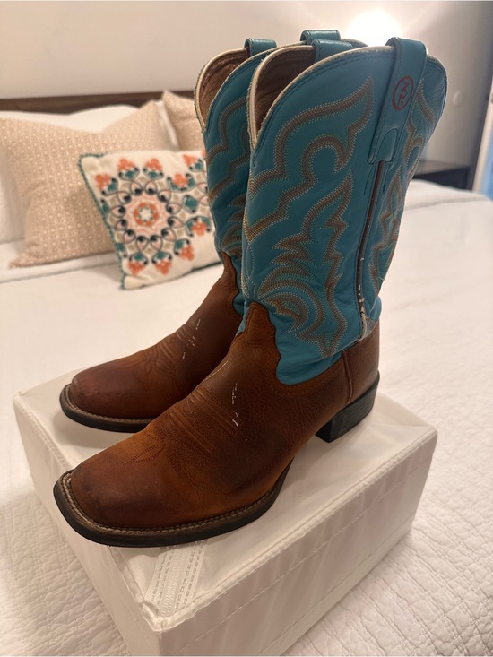 Tony Lama Shoes - Vintage Tony Lama Brown Leather Boots with Turquoise Shaft and Stitching